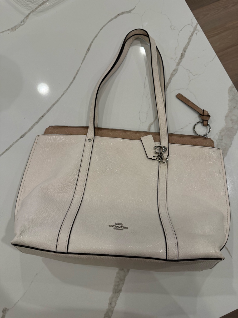 Coach Pebbled Leather Tote in Chalk and Tan Trim